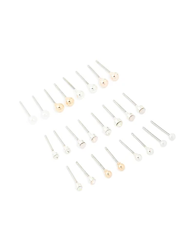 Silver Mixed Basic Stud Earrings 12-Pack