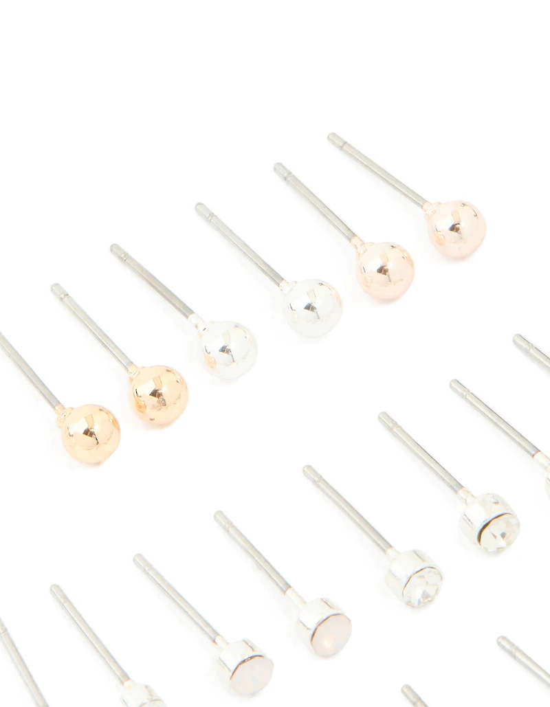 Silver Mixed Basic Stud Earrings 12-Pack