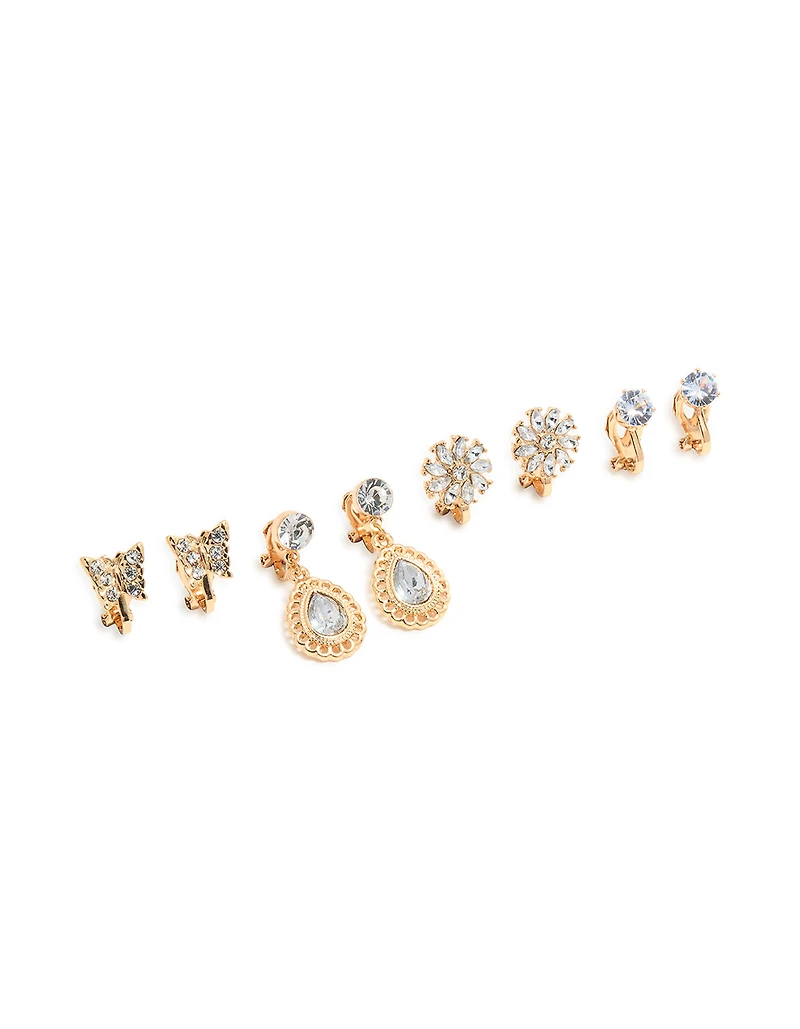 Gold Butterfly & Diamante Clip On Earrings 4-Pack