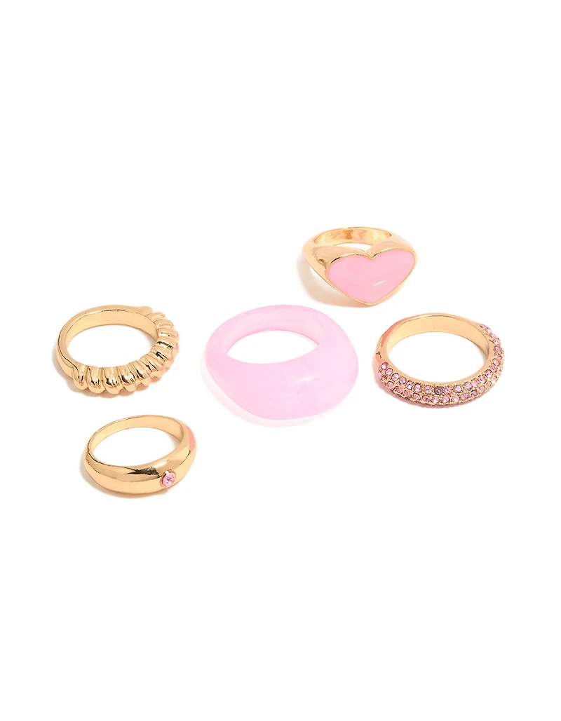 Gold Pink Acrylic & Diamante Rings 5-Pack