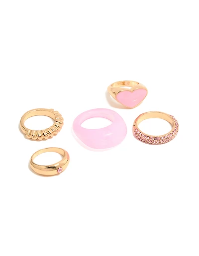 Gold Pink Acrylic & Diamante Rings 5-Pack