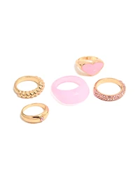 Gold Pink Acrylic & Diamante Rings 5-Pack