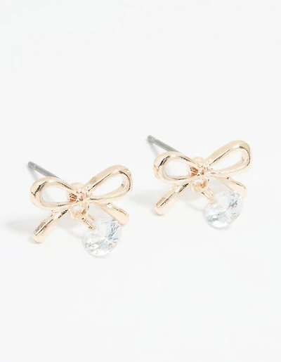 Rose Gold Diamante Bow Drop Earrings