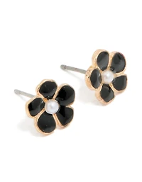 Boucles d’oreilles Black Flower Studs en centre de perle dorée