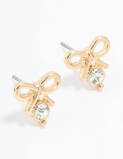 Gold Diamante Bow Drop Stud Earrings