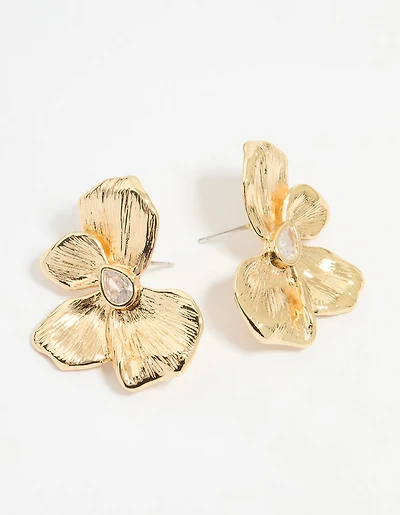 Gold Plated Cubic Zirconia Half Textured Flower Earrings