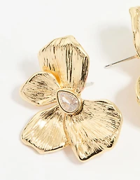 Gold Plated Cubic Zirconia Half Textured Flower Earrings