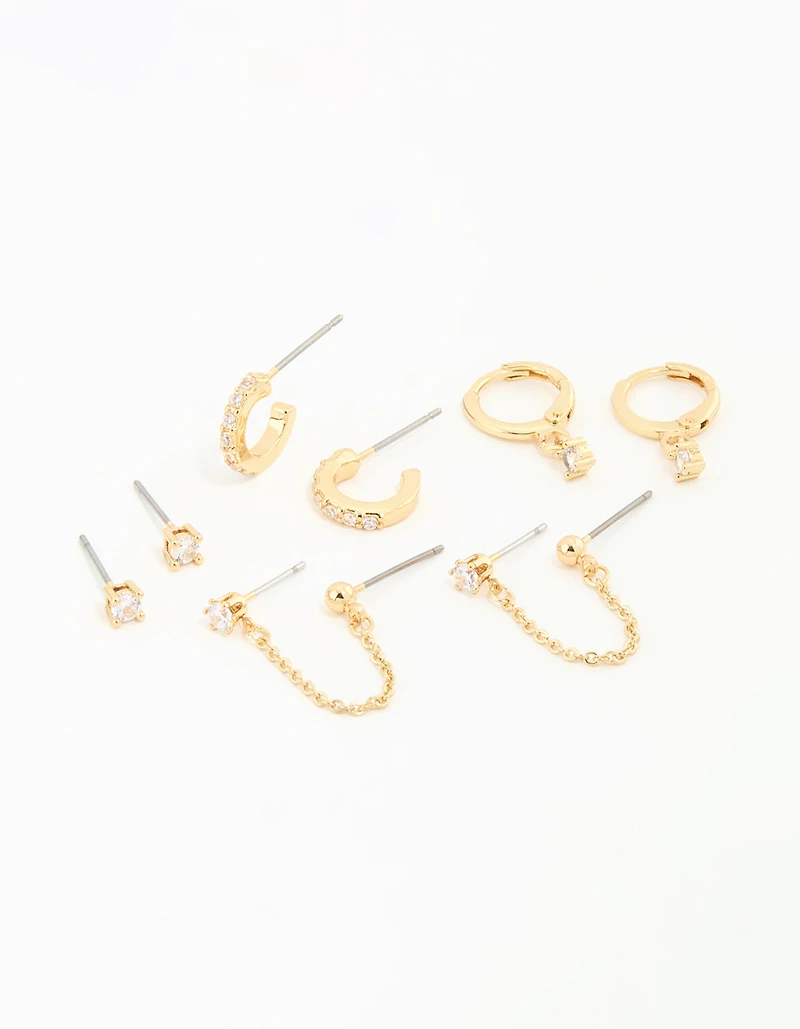Gold Plated Cubic Zirconia Dainty Chain & Huggie Earrings 4-Pack