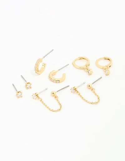Gold Plated Cubic Zirconia Dainty Chain & Huggie Earrings 4-Pack