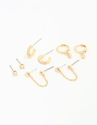 Gold Plated Cubic Zirconia Dainty Chain & Huggie Earrings 4-Pack