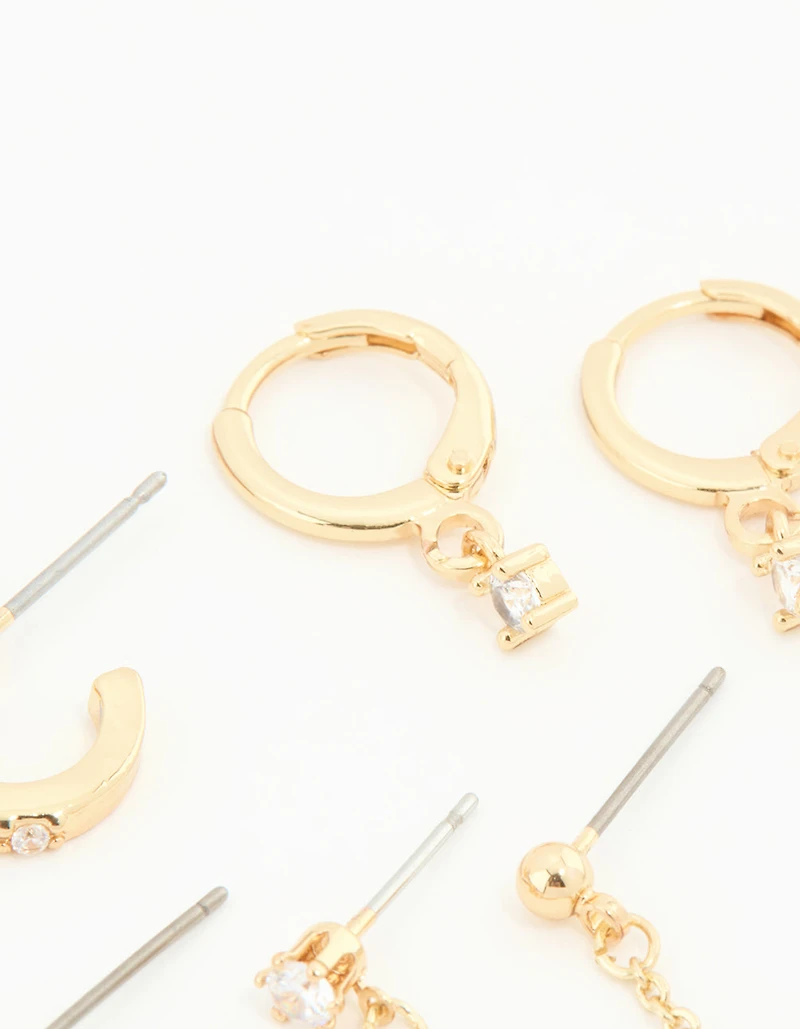 Gold Plated Cubic Zirconia Dainty Chain & Huggie Earrings 4-Pack