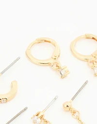 Gold Plated Cubic Zirconia Dainty Chain & Huggie Earrings 4-Pack