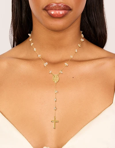 Gold Plated Rose Quartz Semi Precious Stone Lariat Y-Necklace