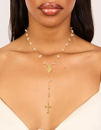 Gold Plated Rose Quartz Semi Precious Stone Lariat Y-Necklace