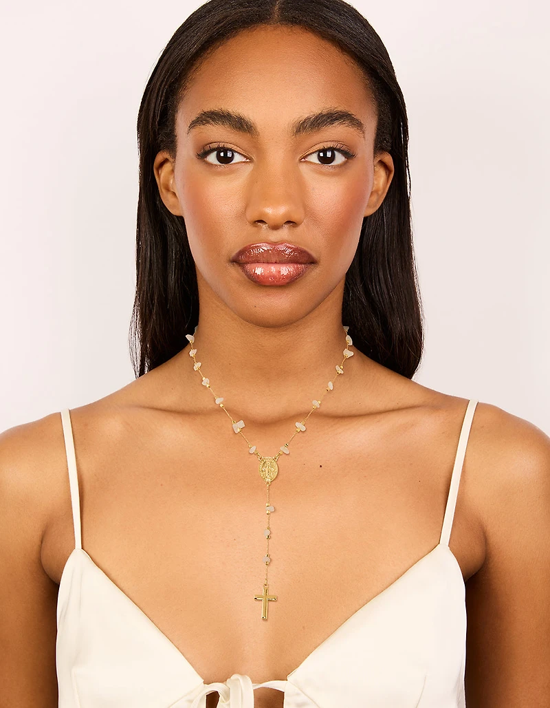 Gold Plated Rose Quartz Semi Precious Stone Lariat Y-Necklace