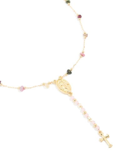 Collier en Y semi-précieux en croix semi-précieuse plaquée or