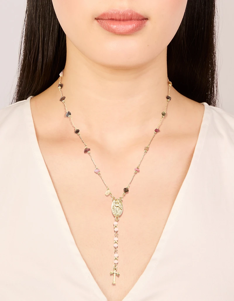 Collier en Y semi-précieux en croix semi-précieuse plaquée or