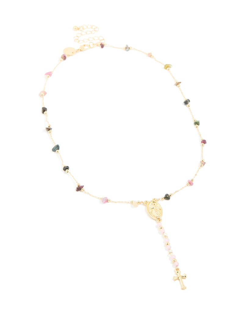 Collier en Y semi-précieux en croix semi-précieuse plaquée or