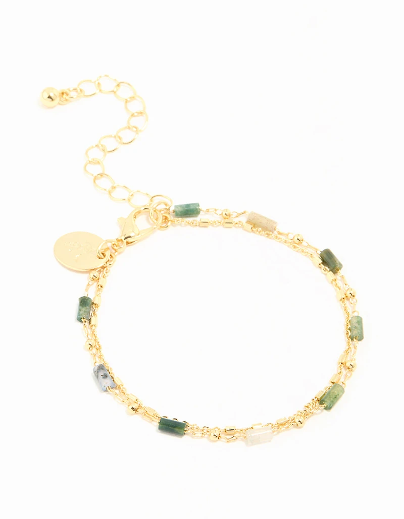 Gold Plated Green Semi Precious Stone Layered Chain Bracelet