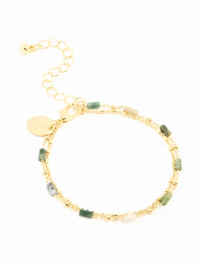 Gold Plated Green Semi Precious Stone Layered Chain Bracelet