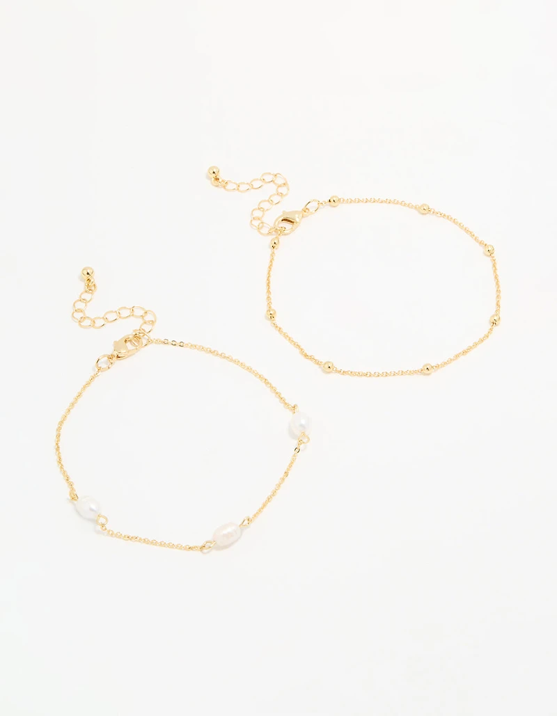 Gold Plated Freshwater Pearl Ball Chain Anklets 2-Pack