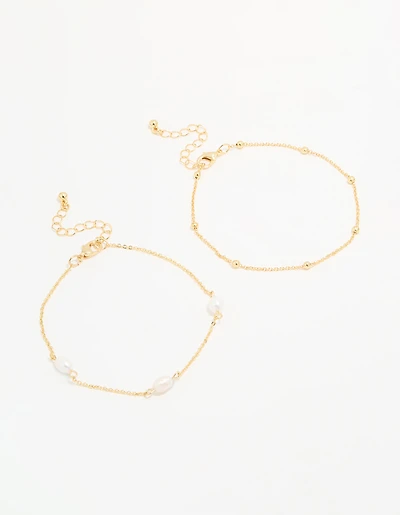 Gold Plated Freshwater Pearl Ball Chain Anklets 2-Pack