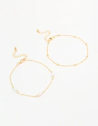 Gold Plated Freshwater Pearl Ball Chain Anklets 2-Pack