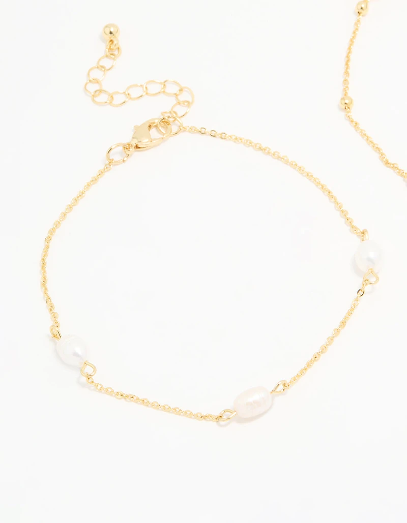 Gold Plated Freshwater Pearl Ball Chain Anklets 2-Pack