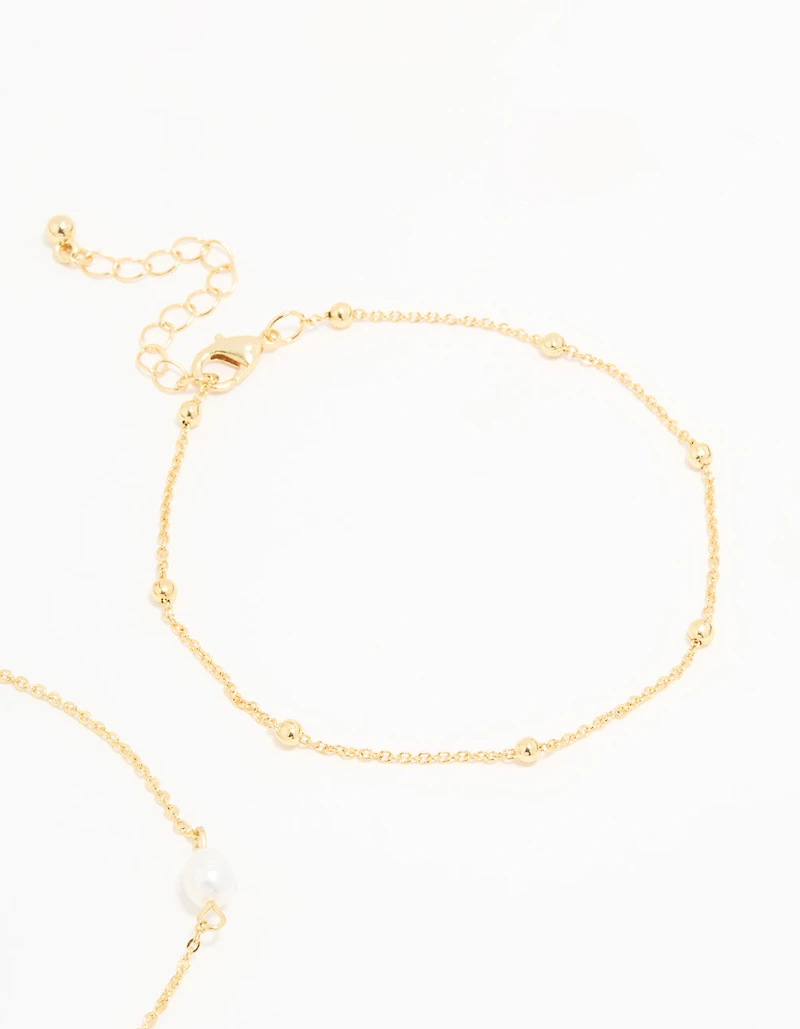 Gold Plated Freshwater Pearl Ball Chain Anklets 2-Pack