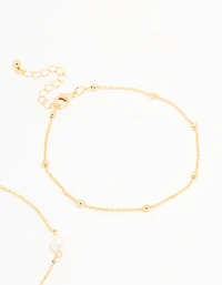 Gold Plated Freshwater Pearl Ball Chain Anklets 2-Pack