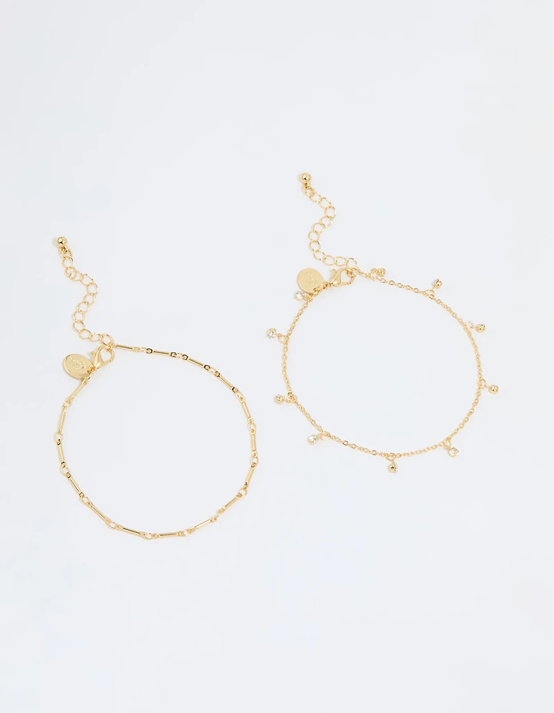 Gold Plated Diamante Droplet Chain Anklets 2-Pack