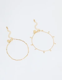 Gold Plated Diamante Droplet Chain Anklets 2-Pack