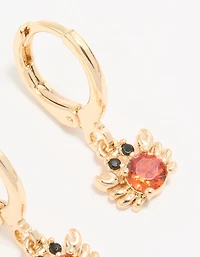 Gold Red Cubic Zirconia Crab Huggie Drop Earrings
