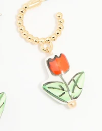 Gold Red Ceramic Flower Huggie Drop Earrings
