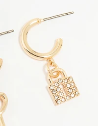 Gold Lock & Key Huggie Drop Earrings