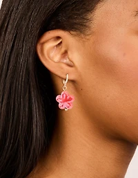 Gold Pink Flower Huggie Drop Earrings