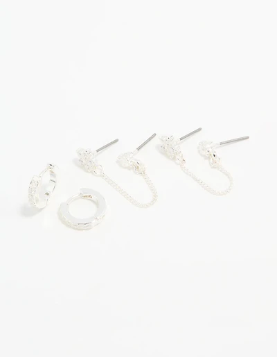 Silver Cubic Zirconia Chain Flower Chain & Huggie Earrings 3-Pack