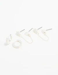 Silver Cubic Zirconia Chain Flower Chain & Huggie Earrings 3-Pack
