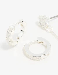 Silver Cubic Zirconia Chain Flower Chain & Huggie Earrings 3-Pack
