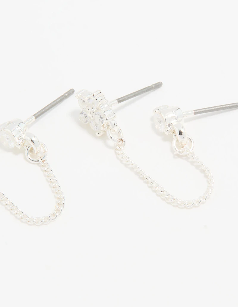 Silver Cubic Zirconia Chain Flower Chain & Huggie Earrings 3-Pack