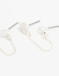 Silver Cubic Zirconia Chain Flower Chain & Huggie Earrings 3-Pack