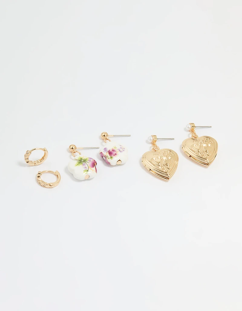 Gold Flower & Heart Locket Earrings 3-Pack