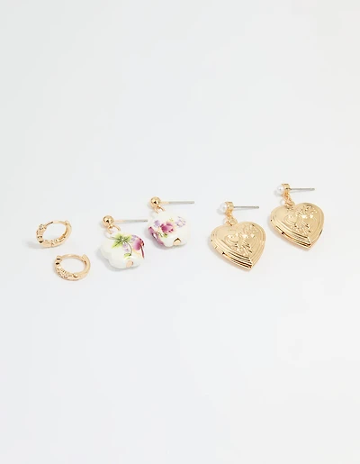 Gold Flower & Heart Locket Earrings 3-Pack