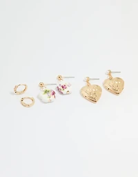 Gold Flower & Heart Locket Earrings 3-Pack