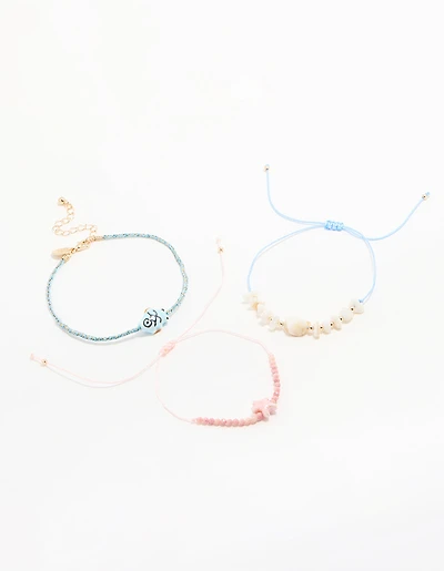 Gold Beaded Rope Shell & Fish Anklets 3-Pack