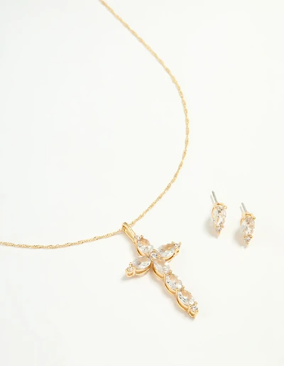 Gold Cubic Zirconia Cross Pendant Necklace & Earrings Set