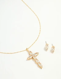 Gold Cubic Zirconia Cross Pendant Necklace & Earrings Set