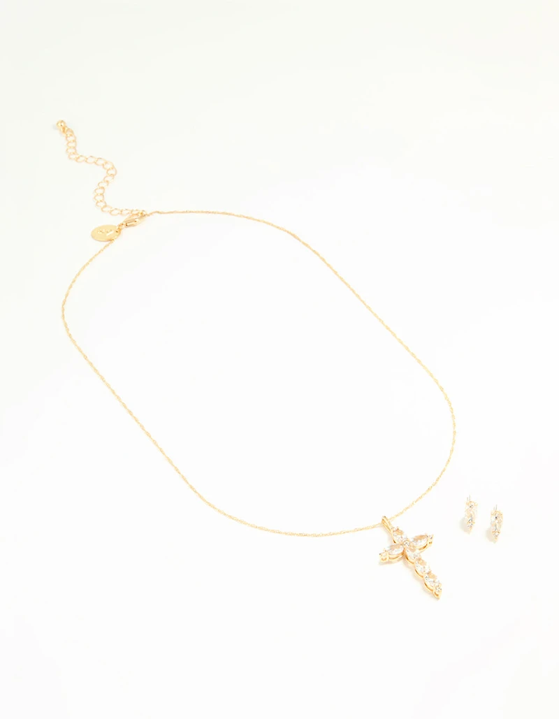 Gold Cubic Zirconia Cross Pendant Necklace & Earrings Set