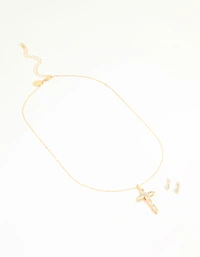 Gold Cubic Zirconia Cross Pendant Necklace & Earrings Set
