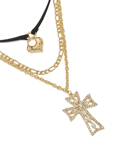 Gold Diamante Cross & Cord Layered Necklace